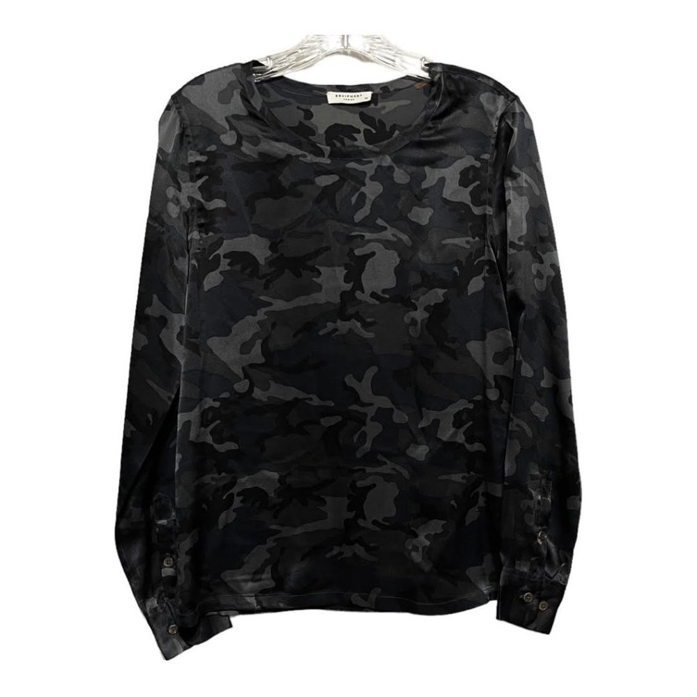 Equipment Femme Grey Black Camo Crewneck Long Sleeve Silk Blouse